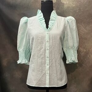 MARY GEORGE Harper Light Aqua Textured Ruffle Neck Puff Sleeve Button Up Size S